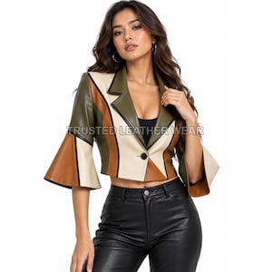 Dam Patchwork Läderjacka Beskuren Utsvängd Ärm Kavaj Olivbrun Krämfärgad Färgblock Äkta Läder Kort Kappa Retro Chic Mode Gåva