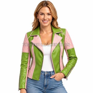 Damjacka i äkta skinn, grönrosa, färgblock, bikerkappa, quiltad ärm, moto-ytterkläder, unik handgjord streetwear-topp