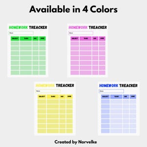 May include: Four printable homework tracker sheets with the text HOMEWORK TREACKER and columns for subject, tasks, due date, and done status. The sheets are available in green, pink, yellow, and blue color schemes with a class field at the top.