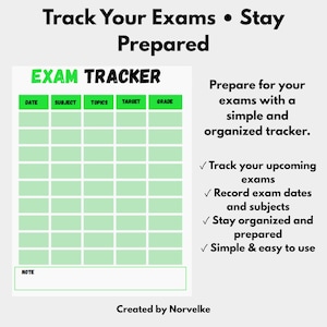 May include: An exam tracker printable featuring the text Track Your Exams Stay Prepared and EXAM TRACKER. The grid includes columns for Date, Subject, Topics, Target, and Grade with a note section at the bottom. The design uses green headers.