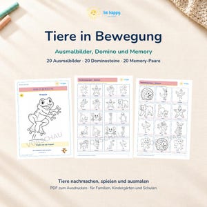 以下が含まれることがあります： Tiere in Bewegungというタイトルのデジタルアクティビティセット。20枚の塗り絵、20個のドミノ、20組のメモリーカードが含まれています。各ページには、カエルやクマなど、様々な動物の白黒の線画が描かれています。