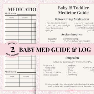 May include: A printable baby and toddler medicine guide and log featuring a medication tracking chart with columns for time and dose, alongside instructions for acetaminophen and ibuprofen, including safety tips and dosing guidelines for infants.