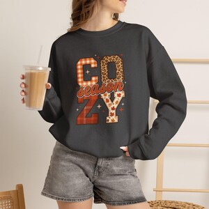 May include: A dark gray long-sleeve sweatshirt featuring the text "COZY season" in a collegiate font. The letters C, O, Z, and Y are filled with orange plaid, leopard print, and autumn leaf patterns, accented by small star shapes.