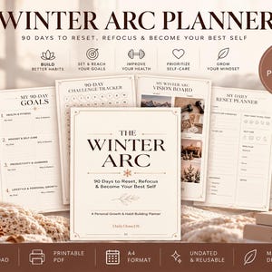 Könnte beinhalten: Ein Winter Arc Planer-Set mit 30 druckbaren Seiten. Die Sammlung enthält ein 90-Tage-Zielblatt, einen Wochenplaner, einen täglichen Reset-Planer, einen Gewohnheits-Tracker und ein Vision Board. Die Seiten sind cremefarben mit dunkelbraunem Text.