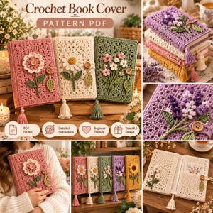 May include: A collection of crochet book covers featuring floral motifs like daisies, lavender, and mixed flowers. Each cover includes a button closure, a leaf-shaped tab, and a tassel. The covers are shown in pink, cream, green, and purple.