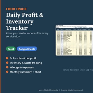 Gewinnübersicht für Foodtrucks (Tabellenkalkulation) | Tägliche Umsätze, Lagerbestände, Abfall, Kilometerstand, Ausgaben | Excel | Google Tabellen
