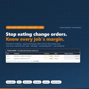 Foglio di calcolo per ordini di lavoro e varianti per appaltatori | Preventivi, costi di lavoro, fatture di ritenuta e margine | Fogli Google Excel | Impresa di ristrutturazioni