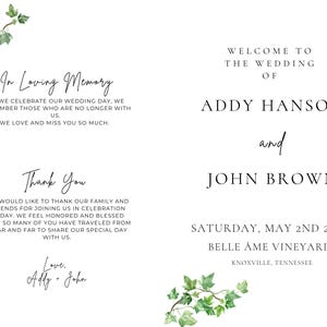 Op de afbeelding: Een wit trouwprogramma met groene aquarel klimopillustraties in de hoeken. De tekst luidt: Welcome to the wedding of Addy Hanson and John Brown, Saturday, May 2nd 2025, Belle Ame Vineyard, Knoxville, Tennessee, In Loving Memory en Thank You.