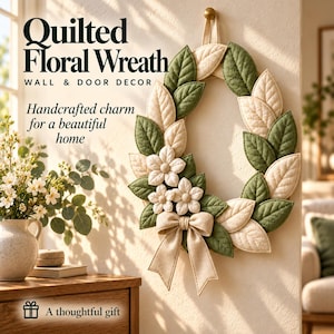 May include: A quilted floral wreath featuring alternating sage green and cream-colored fabric leaves, three cream fabric flowers, and a matching cream fabric bow. The text reads Quilted Floral Wreath Wall & Door Decor.
