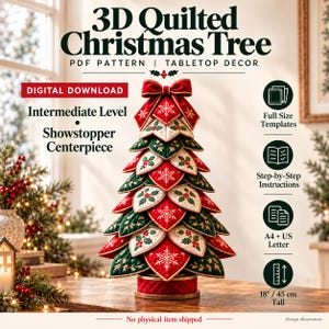 3D Quilted Christmas Tree Pattern | Embroidered Snowflake Tabletop Decor (PDF Download)