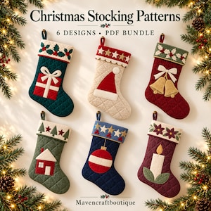 Bundel met patronen voor gequilte kerstsokken | Naaihandleiding met applicaties (PDF, 6 ontwerpen)
