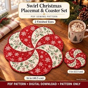 May include: A PDF sewing pattern for a Swirl Christmas Placemat & Coaster Set. The placemat measures 16 inches and the coaster measures 5 inches. The fabric features a red and cream swirl design with white snowflakes and green holly.