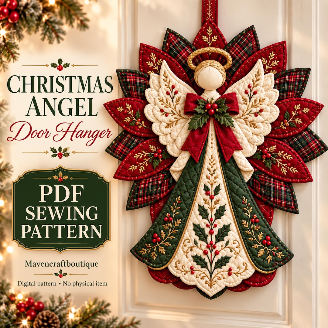 Quilted Christmas Angel Door Hanger Pattern | Tartan, Holly Appliqué ...