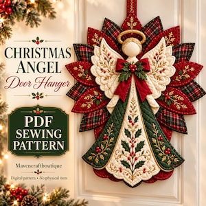 Puede incluir: Un colgador de puerta de ángel navideño acolchado en tela roja, verde y crema con bordado de acebo. El texto dice: CHRISTMAS ANGEL Door Hanger, PDF SEWING PATTERN, Mavencraftboutique, Digital pattern - No physical item.