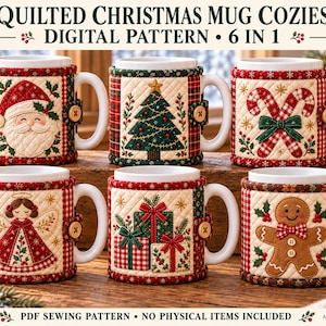 Pode incluir: Um conjunto de seis capas acolchoadas para canecas de Natal com um padrão digital. Os designs incluem o Pai Natal, uma árvore de Natal, bengalas doces, um anjo, presentes e um boneco de gengibre. Cada capa tem um botão e motivos festivos.