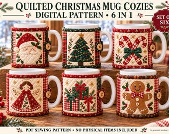 May include: A set of six quilted Christmas mug cozies featuring a digital pattern. The designs include Santa Claus, a Christmas tree, candy canes, an angel, wrapped gifts, and a gingerbread man. Each cozy has a button closure and festive motifs.