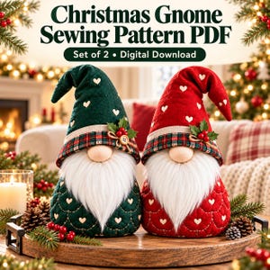 May include: A digital sewing pattern for two Christmas gnomes. The text reads Christmas Gnome Sewing Pattern PDF and Set of 2 Digital Download. The gnomes feature tall hats with white hearts, plaid brims, holly accents, and long white beards.