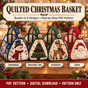 Puede incluir: Cuatro cestas de tela acolchada con diseños navideños: un muñeco de nieve, un árbol de Navidad, un reno y Santa Claus. Cada cesta tiene un asa y un botón. Texto: QUILTED CHRISTMAS BASKET, Bundle of 4 Designs, Step-by-Step PDF Pattern.