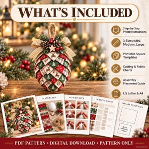 May include: A digital PDF pattern for a fabric pinecone ornament featuring red, green, and cream plaid fabric with reindeer and tree prints. Includes step-by-step photo instructions, three sizes, printable square templates, and a 5 cm calibration square.