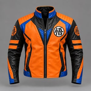 May include: A motorcycle-style jacket in orange, black, and blue leather. The front features a central zipper, a stand-up collar, and a circular white patch with the black Japanese kanji symbol for Go. Similar circular patches appear on both sleeves.