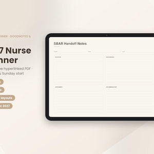 Op de afbeelding: Een digitale 2027 verpleegkundigenplanner op een tabletscherm, met een SBAR-overdrachtsnotitiesjabloon met secties voor situatie, achtergrond, beoordeling en aanbeveling, inclusief zijdelingse navigatietabbladen en een stylus.