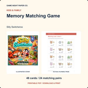 Peut inclure: Un jeu de mémoire à imprimer intitulé Silly Switcheroo par Game Night Paper Co. L'ensemble comprend une couverture illustrée avec un renard, un pingouin et une tortue jouant aux cartes, et une page de jeu avec 12 cartes montrant des paires.