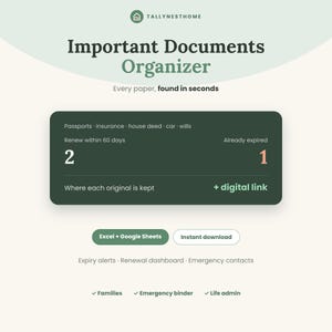 Hoja de cálculo para organizar documentos importantes, registro de vencimientos de documentos, papeleo doméstico, carpeta de emergencias, Excel y Google Sheets