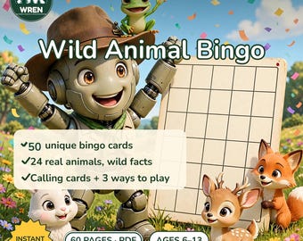 Jeu de bingo animalier à imprimer pour les enfants, 50 cartes de bingo uniques, jeu pour les fêtes en classe, activité pour l'école à la maison, animaux du zoo, téléchargement instantané