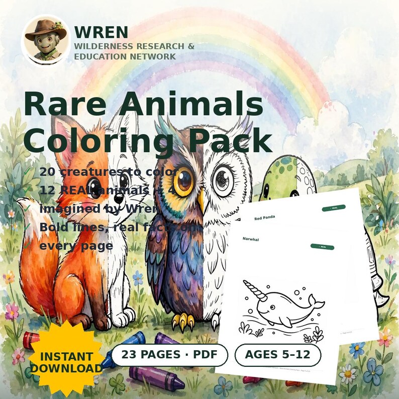 Animal Coloring Pages for Kids Printable, 20 Real and Imaginary Creature Sheets, Homeschool Art Activity, Instant Download image 1