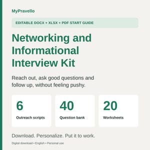 Networking and Informational Interview Kit | Outreach Scripts, Question Bank & Tracker | Printable Career Networking Workbook