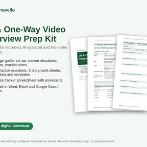 AI & Video Interview Prep Kit | One-Way Recorded Interview Guide, 104 Practice Questions, Worksheets and Tracker | Digital Download
