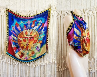 New LAUREL BURCH 100/% Pure Silk SCARF Wrap Throw SUN /& MOON Star Black Red Blue