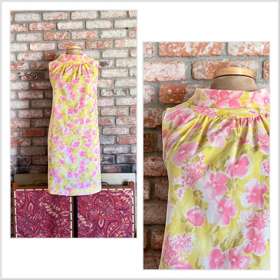 S - M | Vtg 60s Lemon + Pink Handmade Shift Dress - image 1