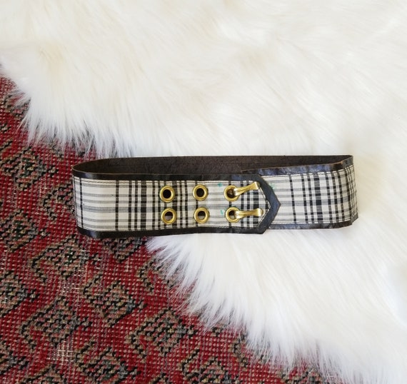 Antique 1930s Wide Leather + Checks Belt / 22"