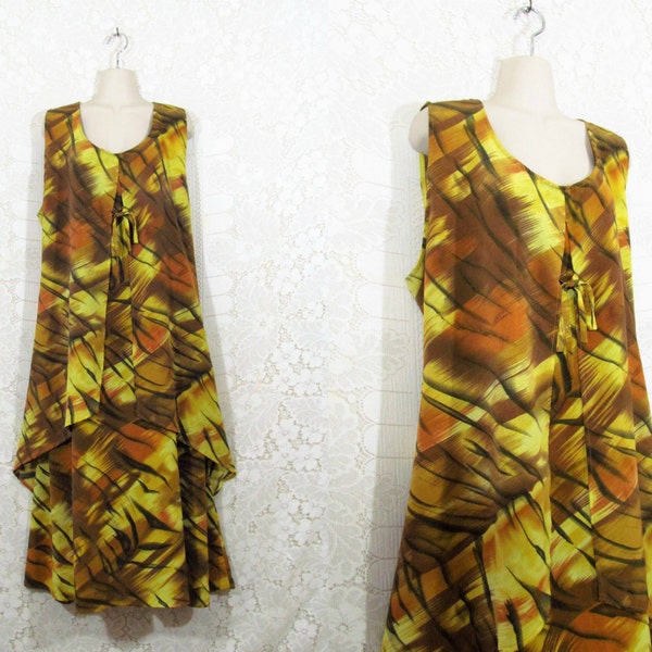 Vtg 90s Layered Ethnic Tribal Olive Yellow Hippie Sleeveless Dress Plus Size 2X 3X