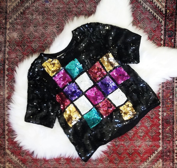 Vtg 80s Boxy Sequin Blouse / size L