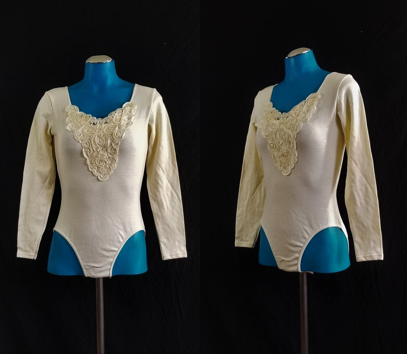 | Vtg 80s 90s Ribbon Lace Cream Grunge Leotard size M L