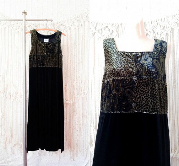 Vtg 90s Black Velvet Jumper Dress / petite L XL