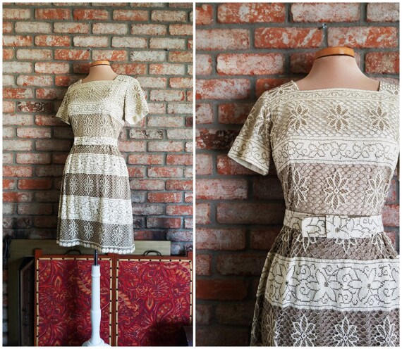 S M | Vtg 50s 60s Taupe + Cream Crochet Lace Dress