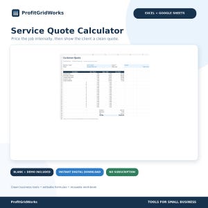 May include: A digital Service Quote Calculator spreadsheet template for Excel and Google Sheets by ProfitGridWorks. The interface displays a customer quote form with columns for description, quantity, rate, and line total, including a final total.