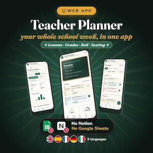 May include: A digital teacher planner web app interface displayed on three smartphones. The screens show lesson, grade, and seating charts with the text Chalk & Apple. The graphic includes the text Teacher Planner, your whole school week, in one app, Lessons, Grades, Roll, Seating, No Notion, and No Google Sheets.