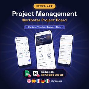 May include: A digital interface for the Northstar Project Board web app displayed on three smartphones. The screens show a calendar, project dashboard with task metrics, and a priority list. Text includes Web App, Kanban, Timeline, Budget, Time, and No Notion, No Google Sheets.
