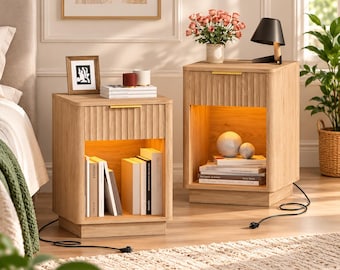 Fluted Oak Nightstand Set of 2, Bedside Tables with Charging Station