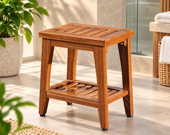 Compact Solid Teak Shower Bench with Storage Shelf, Wooden Bathroom Stool