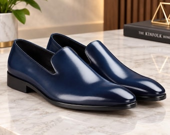 Men’s Navy Blue Leather Loafers, Handmade Slip-On Dress Shoes, Formal Wedding Footwear