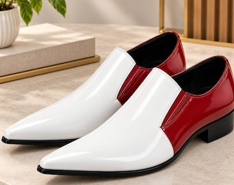 Men’s White and Red Calf Leather Slip-On Dress Shoes, Two-Tone Pointed-Toe Formal Handmade Footwear