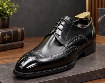 Schwarze Herren-Brogue-Schuhe aus Leder mit Flügelkappe, klassische Schnürschuhe für formelle Anlässe