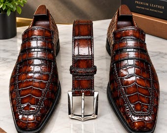 Mocasines marrones para hombre y cinturón a juego – Zapatos de vestir formales de lujo hechos a mano