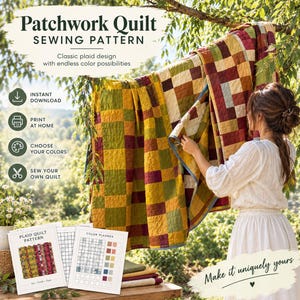 May include: A patchwork quilt sewing pattern featuring a classic plaid design. The image displays a multi-colored quilt with squares in shades of yellow, green, and maroon, alongside printed pattern documents and a color planner sheet.