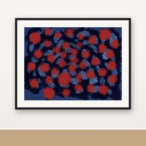 May include: A framed rectangular wall art piece featuring a dark blue background with numerous scattered red circular shapes and textured light blue brushstrokes throughout the composition, enclosed in a simple black frame.